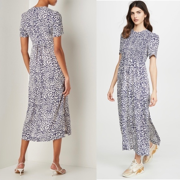 BAUM UND PFERDGARTEN Silk Short Sleeve Leopard Print Smocked Front Midi Dress 14 - Picture 6 of 16